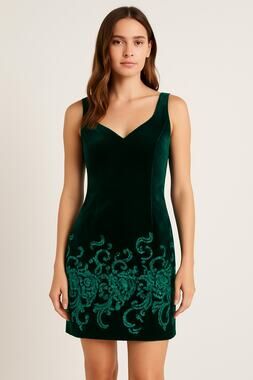 Vintage Zum Zum Velvet Mini Dress Size 9  Green Glitter Baroque Detail
